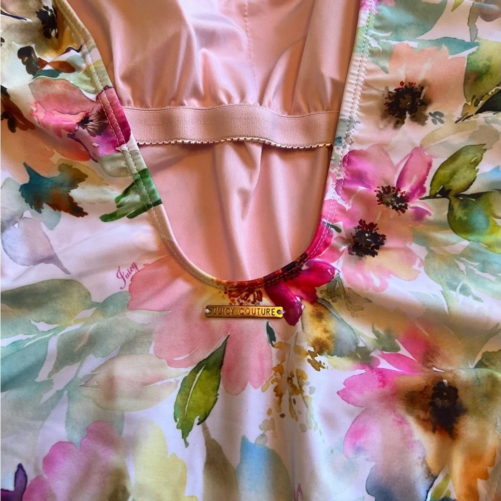 Juicy Couture Floral‎ One Piece Swimsuit Pink Watercolor Tie Shoulder Medium NWT